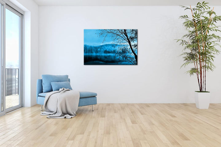 deyoli schöne Herbstlandschaft am See Format 80x60 Effekt: Monocrome Blau als Leinwandbild, Motiv fe