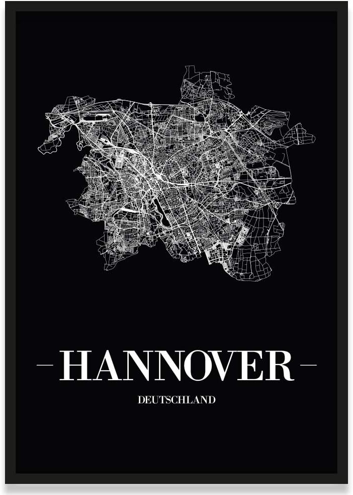 JUNIWORDS Stadtposter, Hannover, Wähle eine Grösse, 30 x 40 cm, Poster mit Rahmen, Schrift A, Schwar