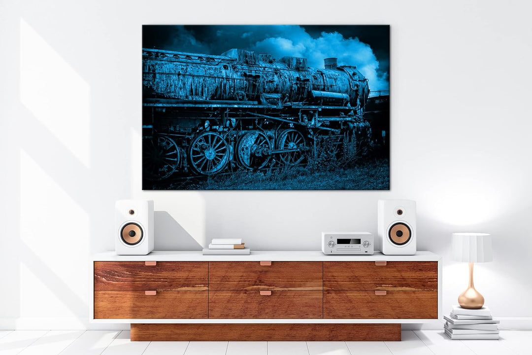 deyoli uralte Dampflokomotive Format 80x60 Effekt: Monocrome Blau als Leinwandbild, Motiv fertig ger