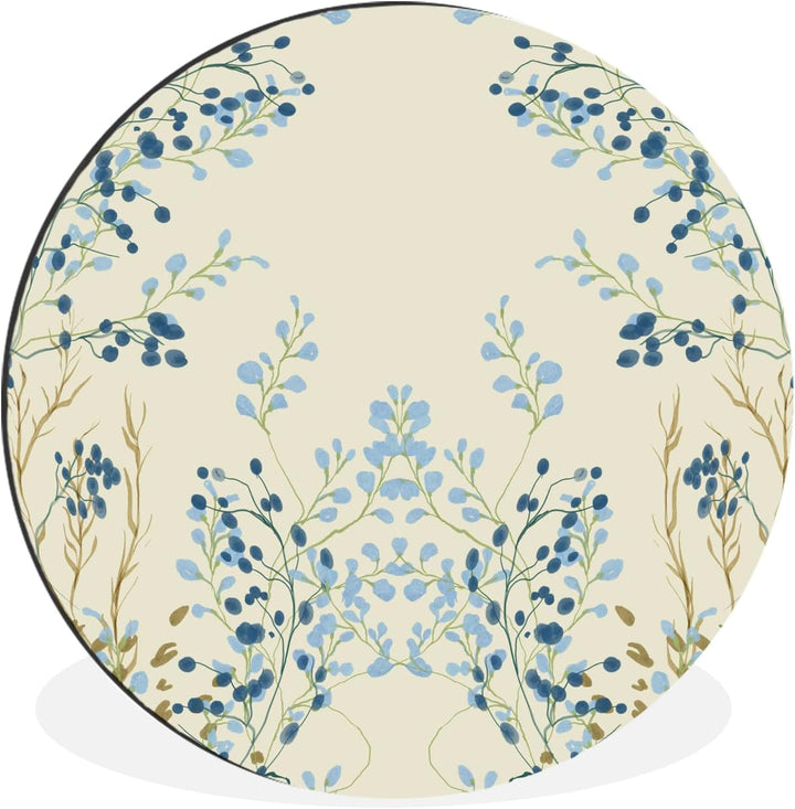 MuchoWow Wandbild Rund Wanddeko Deko Wohnzimmer Bilder 30x30 cm Blau - Beige - Pastell - Blätter, 30