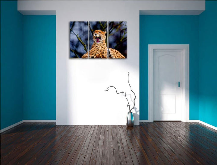 Gepard gähnt Spezial 3-Teiler Leinwandbild 120x80 Bild auf Leinwand, XXL riesige Bilder fertig gerah