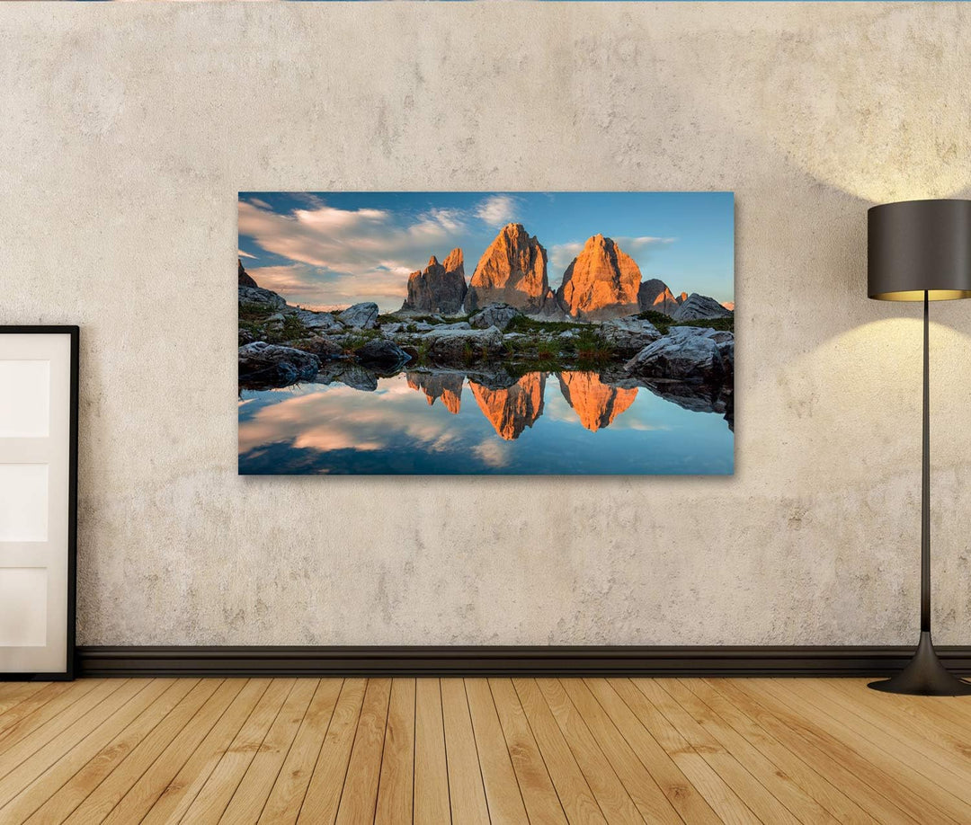 islandburner Bild Bilder auf Leinwand DREI Zinnen oder TRE Cime di Lavaredo mit Reflexion im See bei