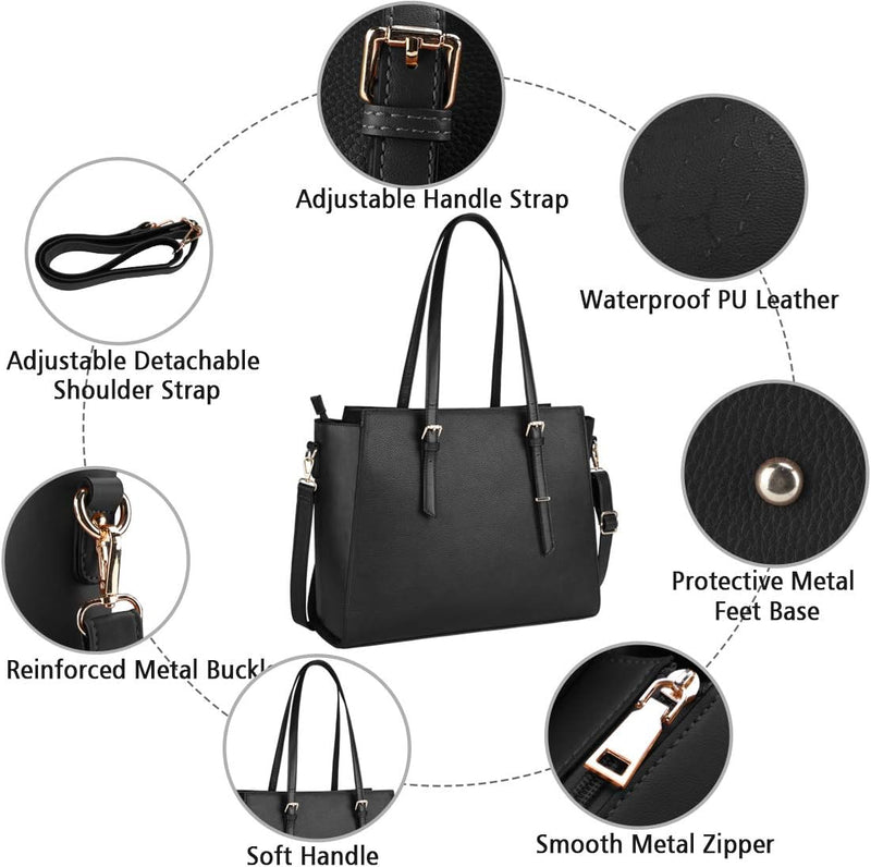 NEWHEY Handtasche Damen Shopper Damen Grosse Schwarz Gross Laptop Tasche 15.6 Zoll Elegant Leder Umh