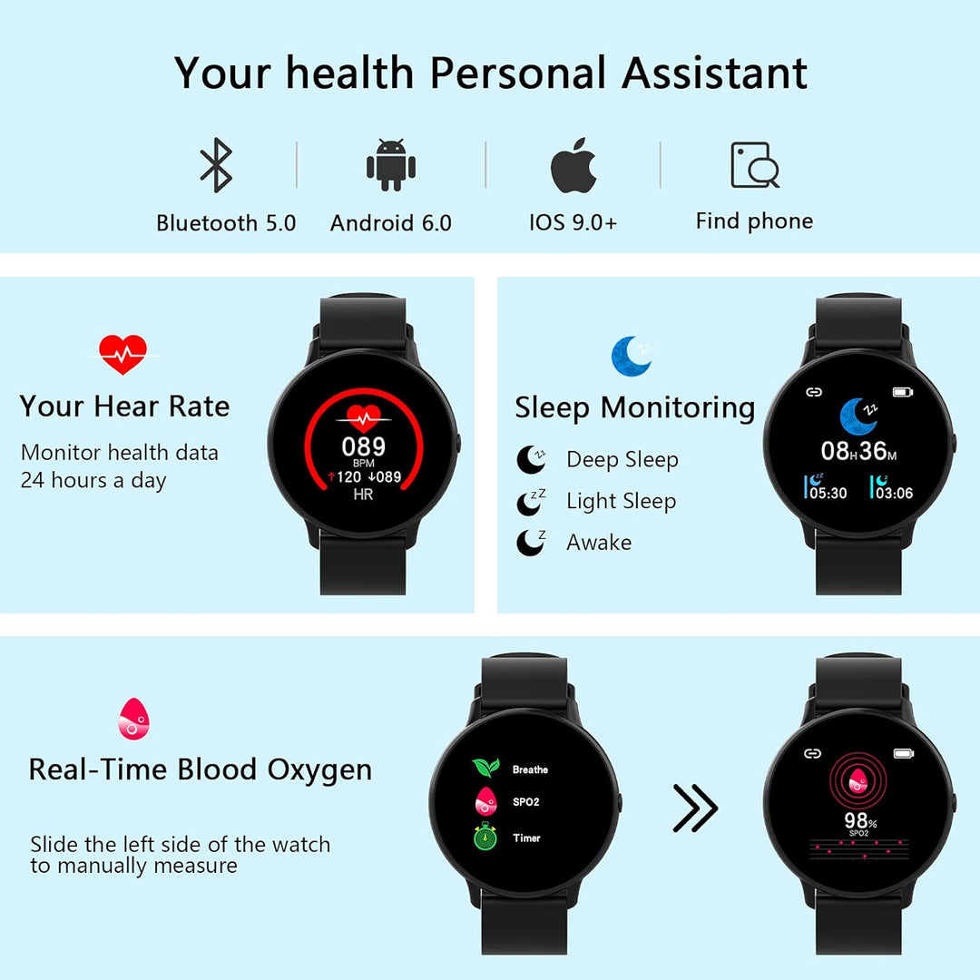IOWODO Smartwatch für Damen und Herren, Fitnessuhr, Herzfrequenzmesser, Schrittzähler, wasserdicht I