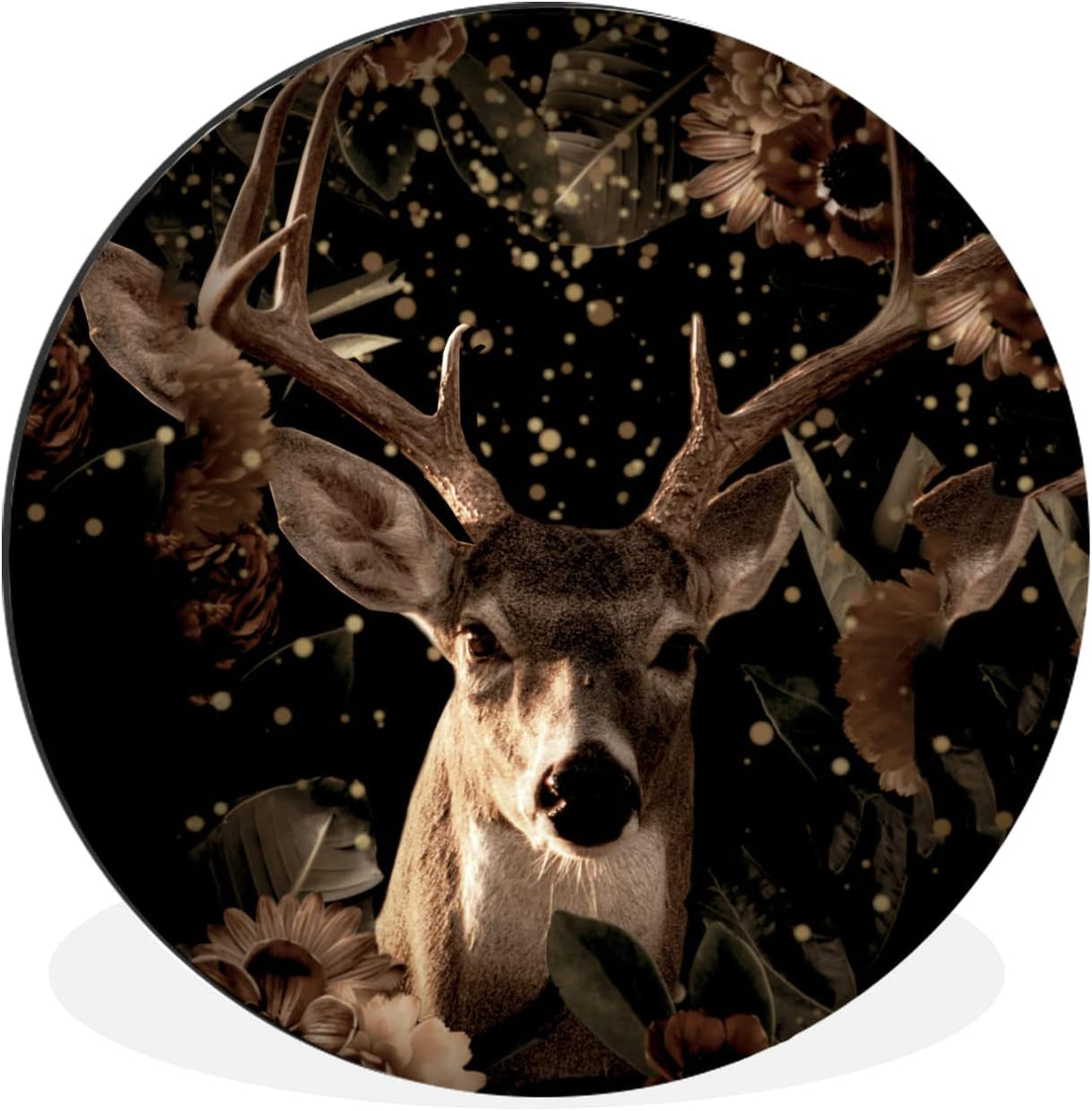 MuchoWow Wandbild Rund Wanddeko Deko Wohnzimmer Bilder 90x90 cm Hirsche - Blumen - Licht - Botanisch