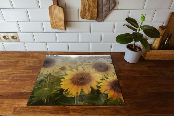 Sonnenblumen auf dem Feld Herdabdeckplatte & Spritzschutz aus Echtglas | Für Herd-Kochfelder | 60x52