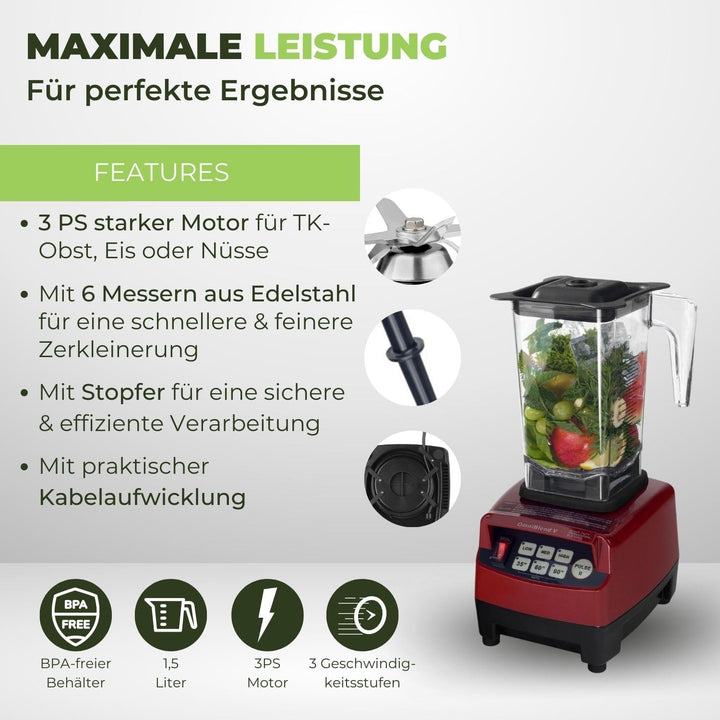 OmniBlend Smoothie Maker 1,5L in rot I Smoothie Mixer inkl. BPA-freiem Behälter & 6-Klingen-System a
