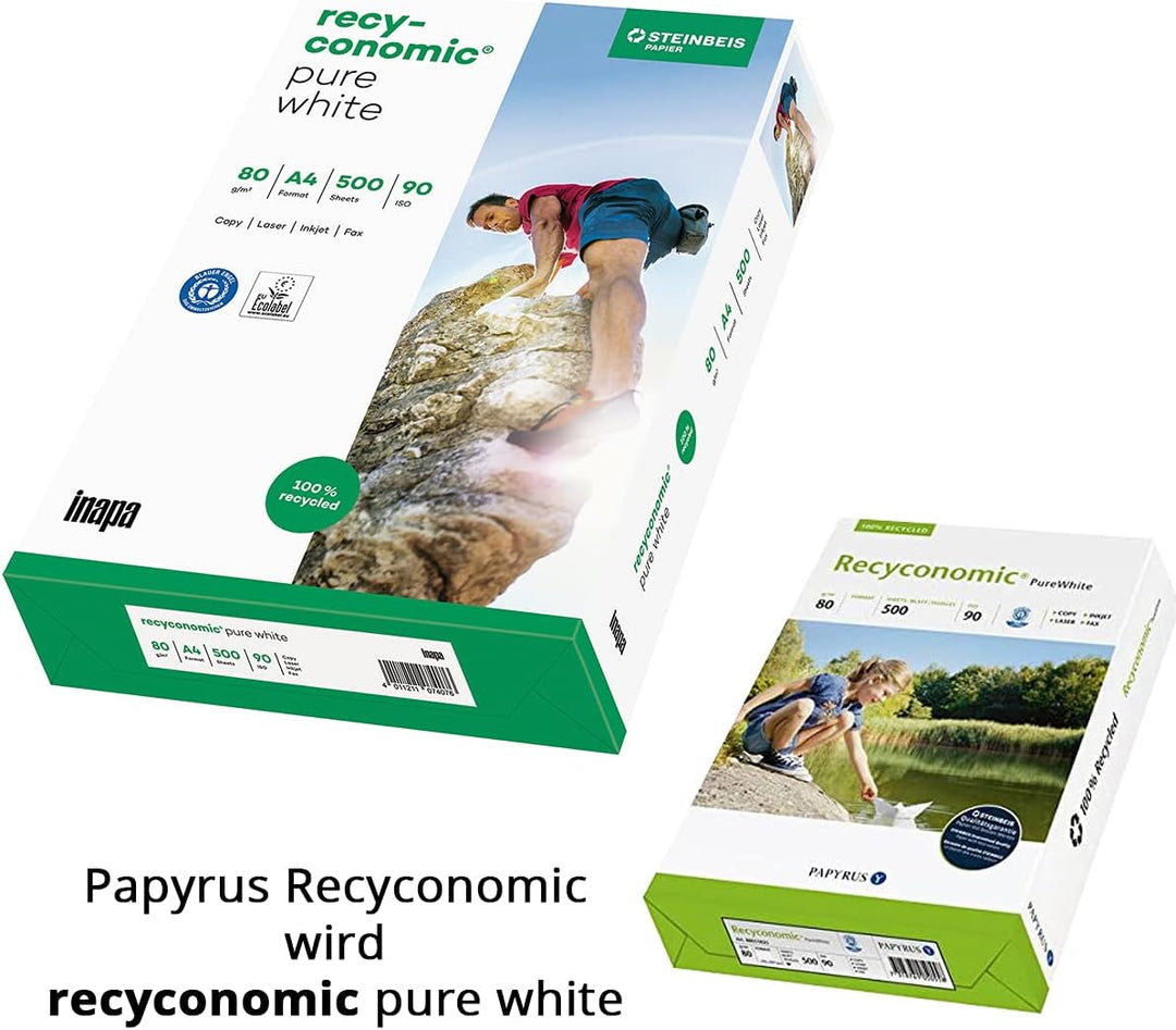 inapa Recycling-Papier, Druckerpapier Recyconomic PureWhite: 80 g/m², A4, 2500 Blatt (5x500), ungest