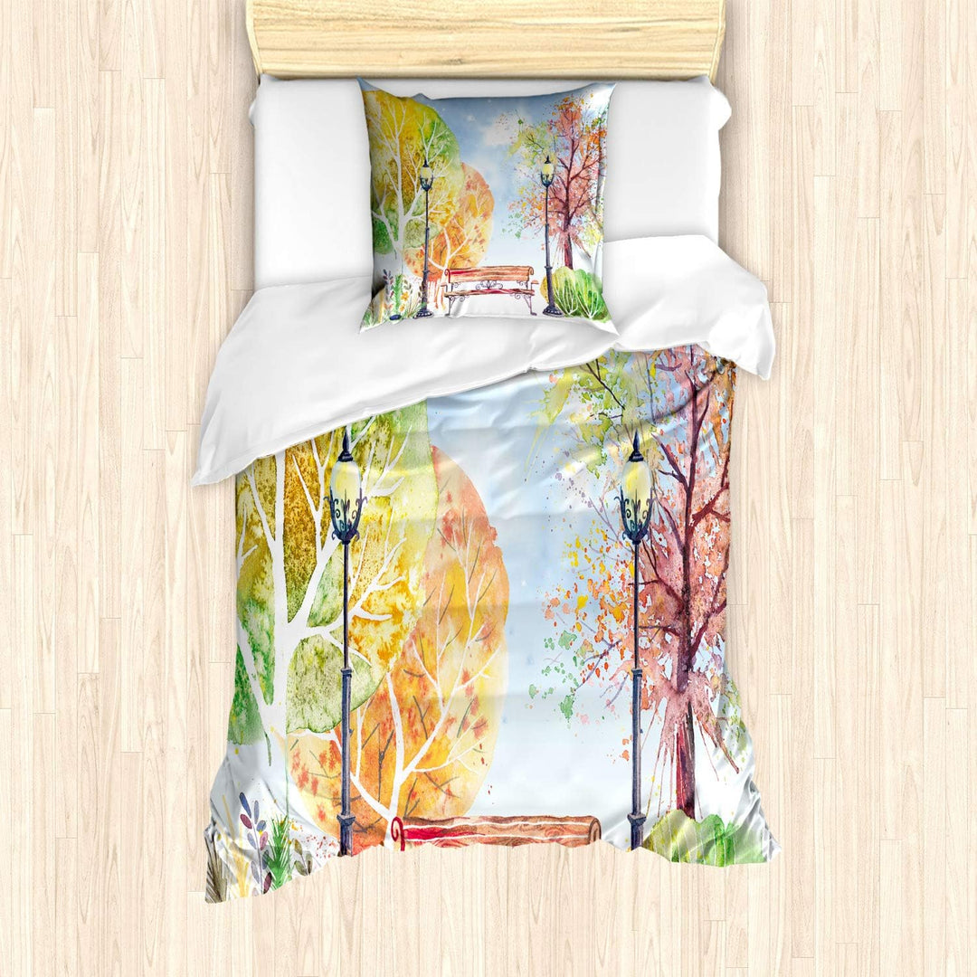 ABAKUHAUS Aquarell Bettbezug Set für Einzelbetten, Herbst-Park-Baum-Laterne, Milbensicher Allergiker