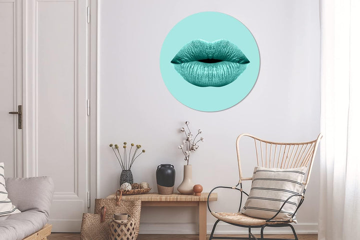 MuchoWow Wandbild Rund Wanddeko Deko Wohnzimmer Bilder 90x90 cm Lippen - Pastell - Blau, 90x90 cm