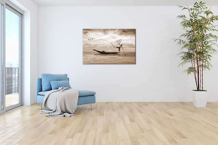 deyoli verspielter Fischer auf seinem Boot Effekt: Sepia Format: 120x80 als Leinwandbild, Motiv fert