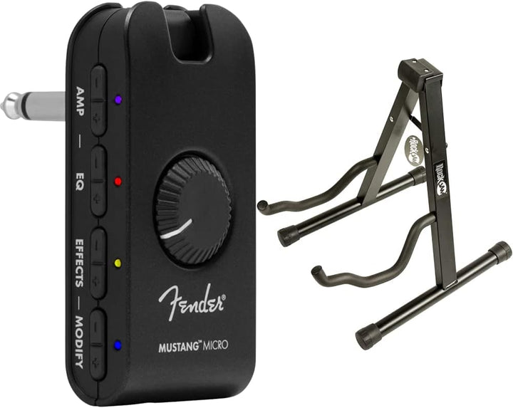 Fender Mustang Mikro-Verstärker, Schwarz, 2311300000 & Rockjam Universal Tragbarer A-Frame-Gitarrens
