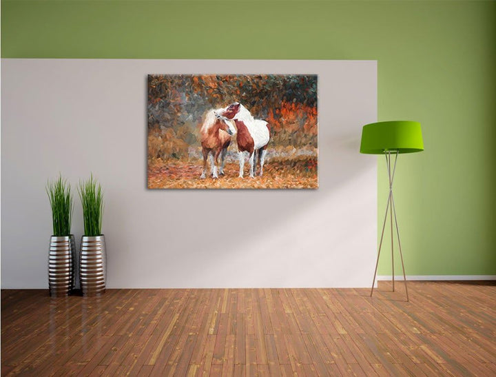 Pixxprint Zwei schmusende Pferde Kunst als Leinwandbild/Grösse: 100x70 cm/Wandbild/Kunstdruck/fertig