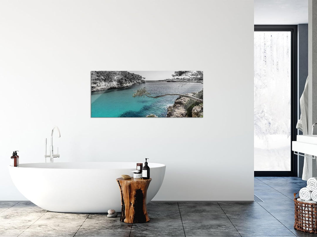 Glasbild Panorama | Wandbild aus Echtglas | Mallorca Bay Cove | 100x40 cm | inkl. Aufhängung und Abs