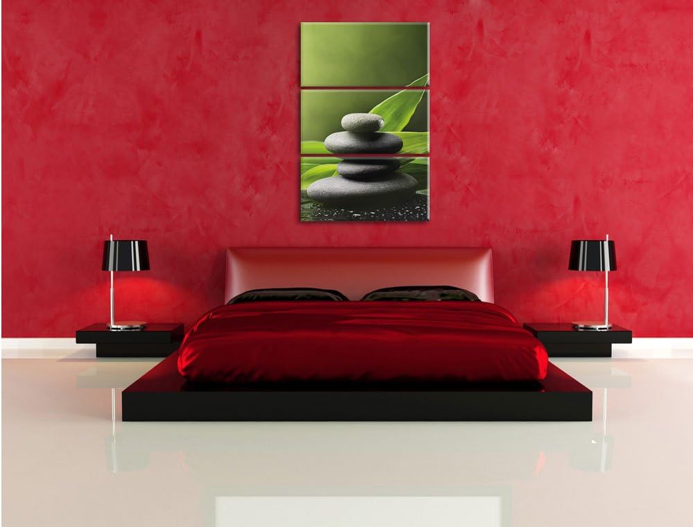 Pixxprint Zen Steine mit Blättern / 3-Teilig/Gesamtmass 120cm Leinwandbild bespannt auf Holzrahmen/W