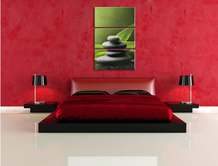 Pixxprint Zen Steine mit Blättern / 3-Teilig/Gesamtmass 120cm Leinwandbild bespannt auf Holzrahmen/W