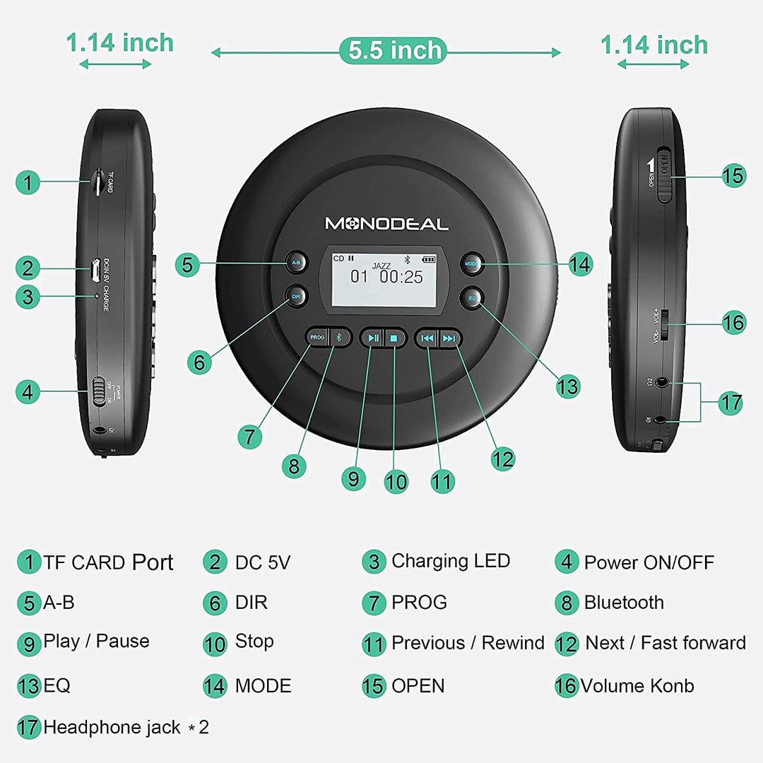MONODEAL Tragbarer CD Player Bluetooth, Wiederaufladbar Discman für Auto und Kinder, Anti-Skip, klei