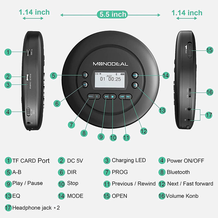 MONODEAL Tragbarer CD Player Bluetooth, Wiederaufladbar Discman für Auto und Kinder, Anti-Skip, klei