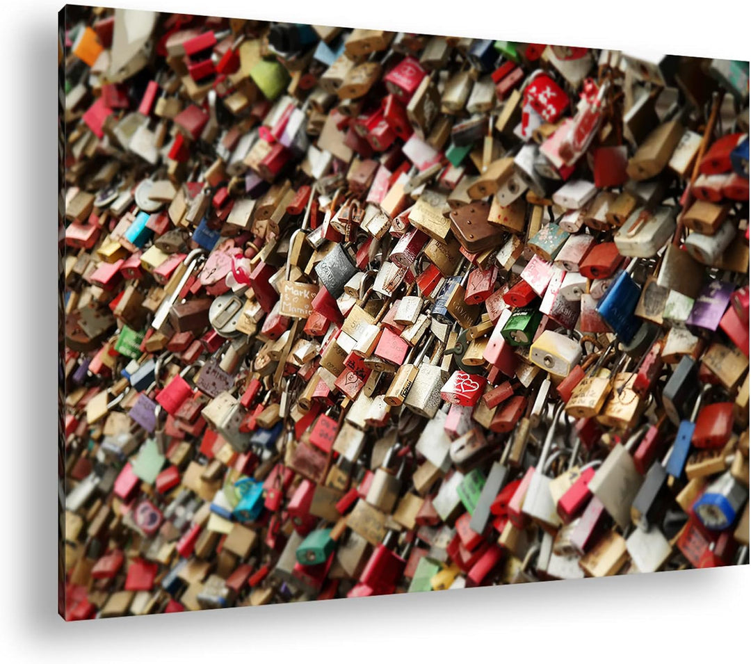 deyoli tausende Schlösser mit Herzen im Format: 80x60 als Leinwandbild, Motiv fertig gerahmt auf Ech