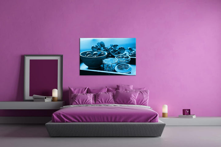 deyoli Tomaten mit Schafskäse Format 80x60 Effekt: Monocrome Blau als Leinwandbild, Motiv fertig ger