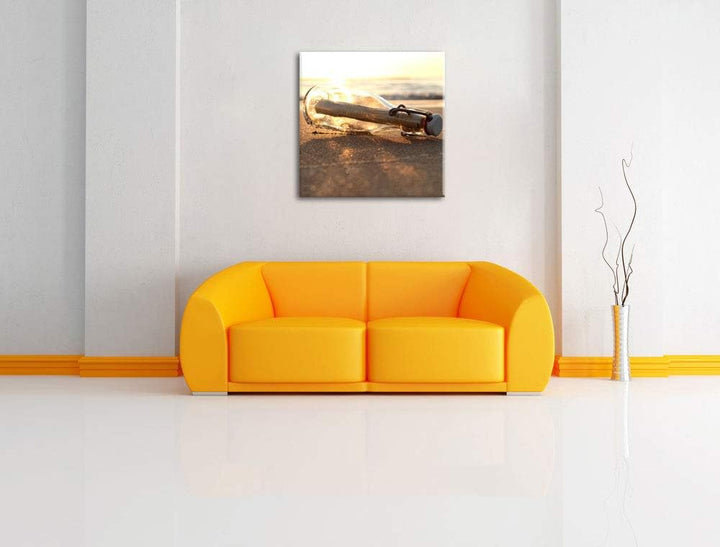 Flaschenpost am Strand, Format: 70x70 auf Leinwand, XXL riesige Bilder fertig gerahmt mit Keilrahmen