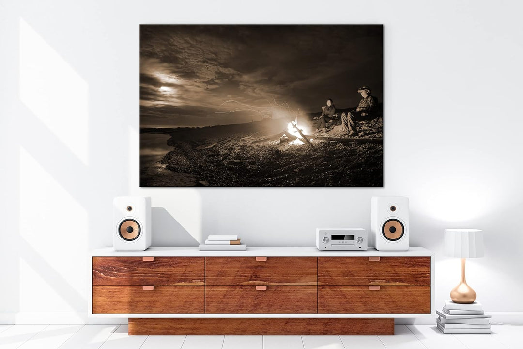 deyoli nächtliches Lagerfeuer im Mondlicht Format: 80x60 als Leinwand, Effekt: Sepia, Motiv fertig g