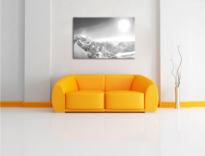 Pixxprint Zugspitze im Sonnenlicht Kohle Zeichnung Effekt, Format: 100x70 auf Leinwand, 100x70