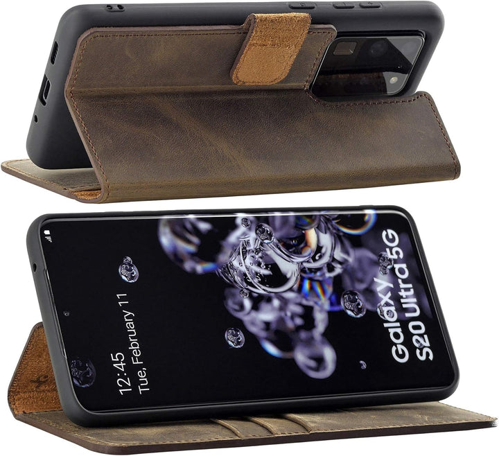 Suncase Book-Style Hülle kompatibel mit Samsung Galaxy S20 Ultra Leder Tasche (Slim-Fit) Lederhülle