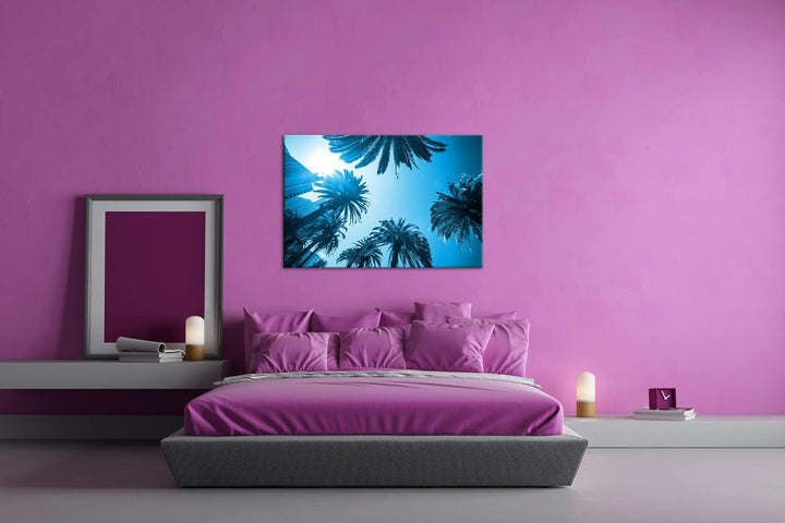 deyoli tropische Stadt mit Palmen Format: 60x40 Effekt: Monocrome Blau als Leinwand, Motiv fertig ge