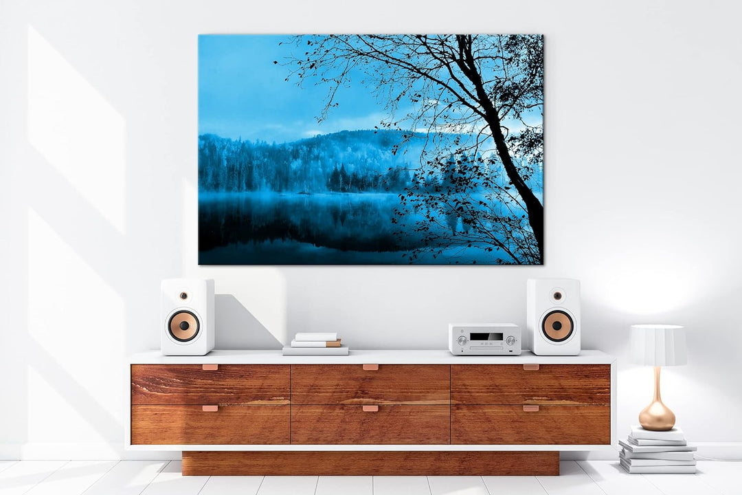 deyoli schöne Herbstlandschaft am See Format 80x60 Effekt: Monocrome Blau als Leinwandbild, Motiv fe