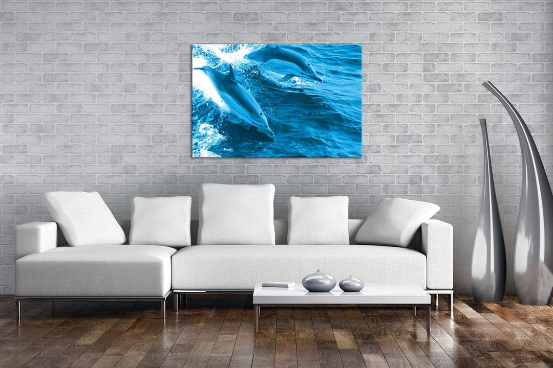 deyoli Verspieltes Delphin paar Format 80x60 Effekt: Monocrome Blau als Leinwandbild, Motiv fertig g