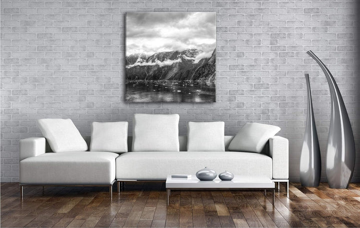 deyoli Tracy Arm Fjord bewölkt in Alaska im Format: 70x70 Effekt: Schwarz&Weiss als Leinwandbild, Mo