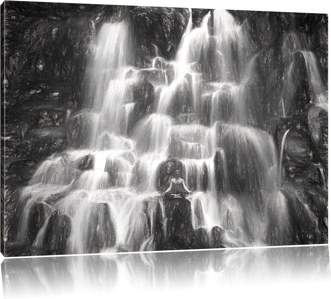 Pixxprint Yoga am Wasserfall in Bali als Leinwandbild/Grösse: 100x70 cm/Wandbild/Kunstdruck/fertig b