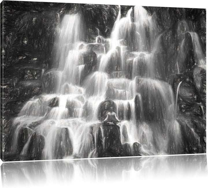 Pixxprint Yoga am Wasserfall in Bali als Leinwandbild/Grösse: 100x70 cm/Wandbild/Kunstdruck/fertig b