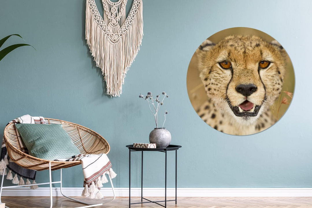 MuchoWow Wandbild Rund Wanddeko Deko Wohnzimmer Bilder 90x90 cm Leopard - Kopf - Pflanzen, 90x90 cm