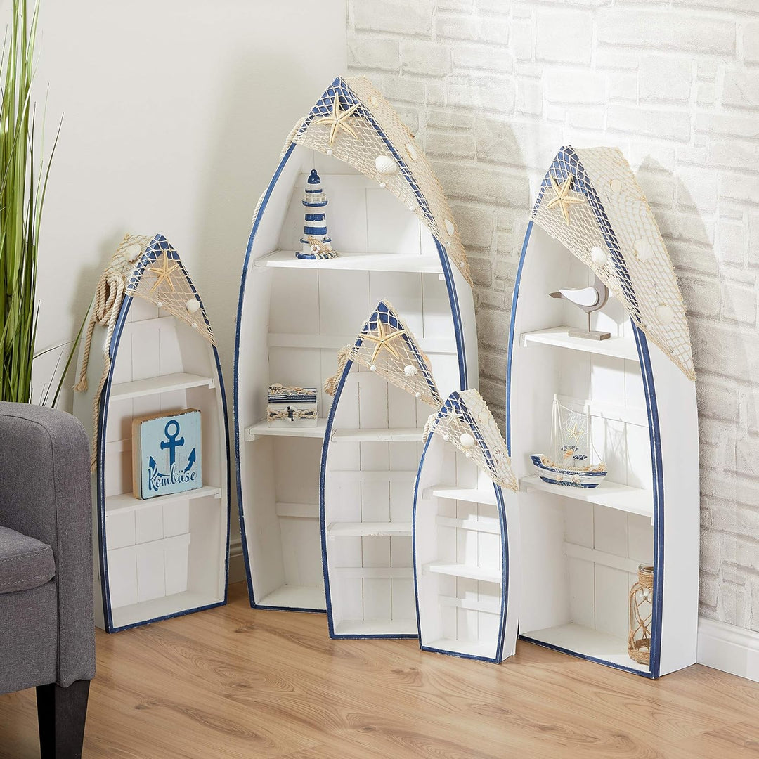 Cepewa 5er Set Regal Ruderboot Wohnzimmerregal weiss/blau inkl. Netz + Muscheln