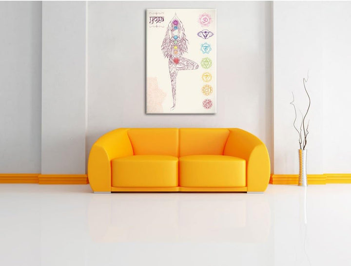 Pixxprint Yogafigur in der Tree Pose Kunst Buntstift Effekt, Format: 100x70 auf Leinwand, riesige Bi