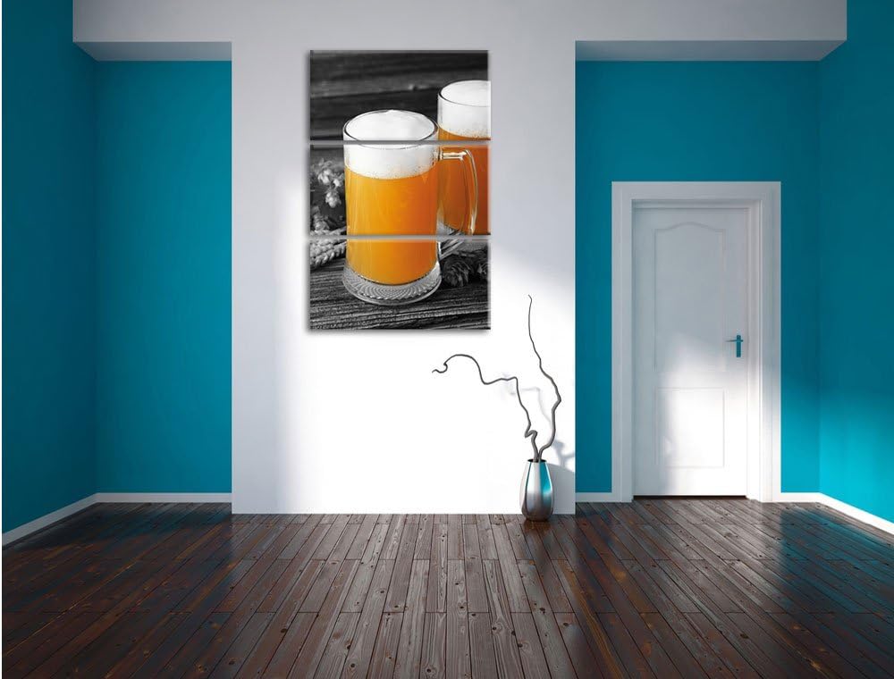 Pixxprint Zwei Biergläser Hefeweizen mit Hopfen auf Holztisch 3-Teiler Leinwandbild 120x80 Bild auf