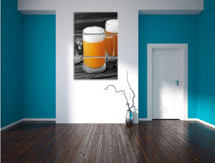 Pixxprint Zwei Biergläser Hefeweizen mit Hopfen auf Holztisch 3-Teiler Leinwandbild 120x80 Bild auf