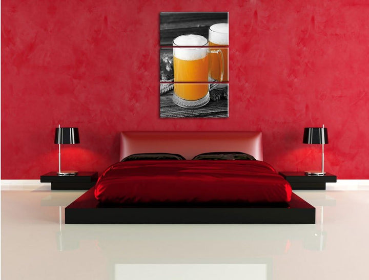 Pixxprint Zwei Biergläser Hefeweizen mit Hopfen auf Holztisch 3-Teiler Leinwandbild 120x80 Bild auf