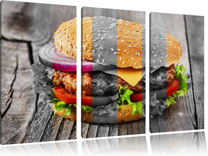 Saftiger Cheeseburger schwarz/weiss 3-Teiler Leinwandbild 120x80 Bild auf Leinwand, XXL riesige Bild