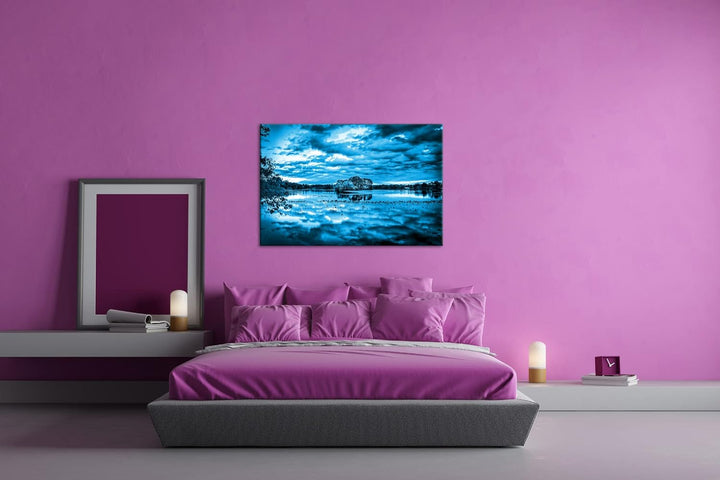 deyoli malerischer bewölkter See Format 80x60 Effekt: Monocrome Blau als Leinwandbild, Motiv fertig