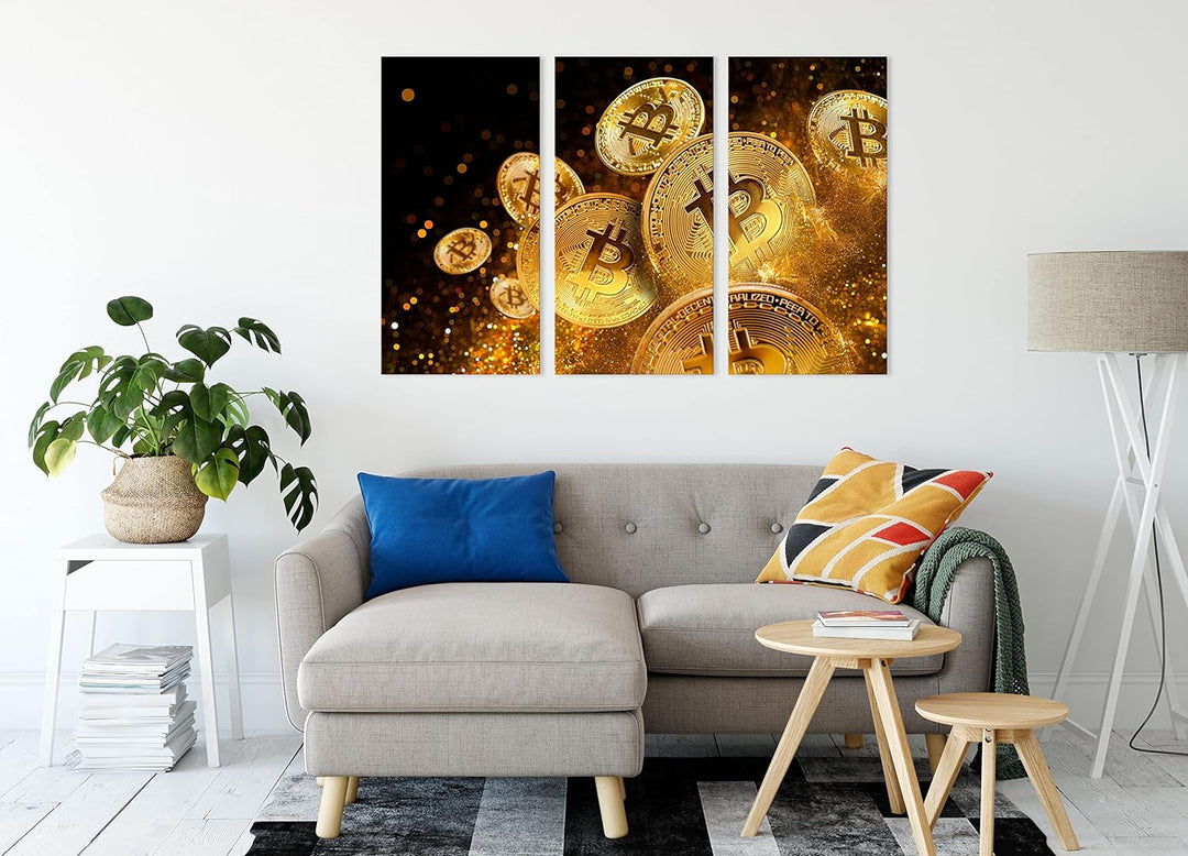 funkelnder Bitcoin BTCals Leinwandbild 3 teilig | Grösse: 120x80 cm | Wandbild | Kunstdruck | fertig