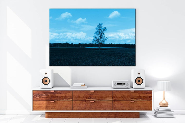 deyoli Wiese am Waldrand Format 80x60 Effekt: Monocrome Blau als Leinwandbild, Motiv fertig gerahmt