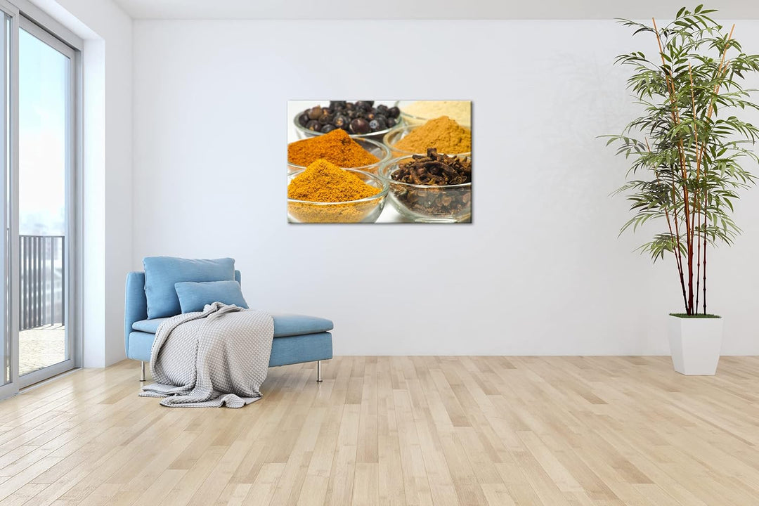 deyoli viele Gläser mit Gewürzen im Format: 80x60 als Leinwandbild, Motiv fertig gerahmt auf Echthol