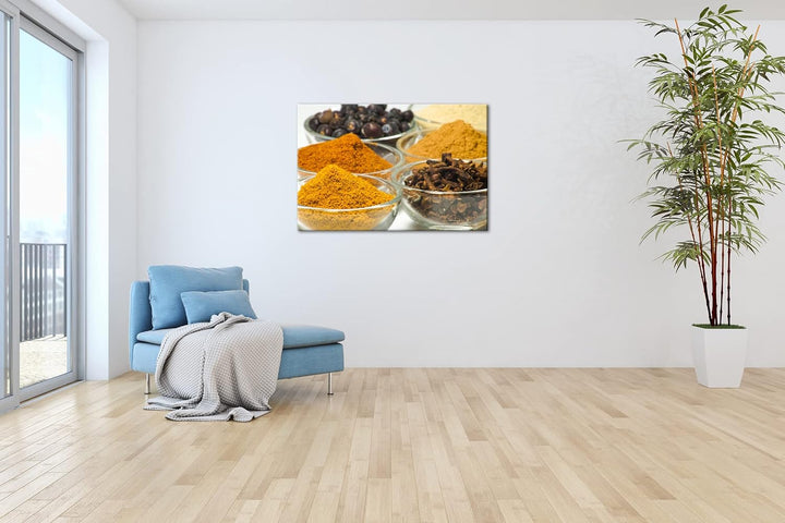 deyoli viele Gläser mit Gewürzen im Format: 80x60 als Leinwandbild, Motiv fertig gerahmt auf Echthol