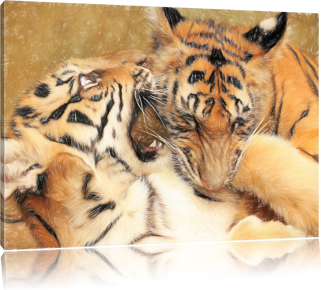 Pixxprint Zwei Junge Tiger beim Kämpfen als Leinwandbild | Grösse: 100x70 | Wandbild| Kunstdruck | f