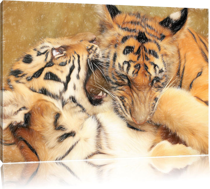 Pixxprint Zwei Junge Tiger beim Kämpfen als Leinwandbild | Grösse: 100x70 | Wandbild| Kunstdruck | f