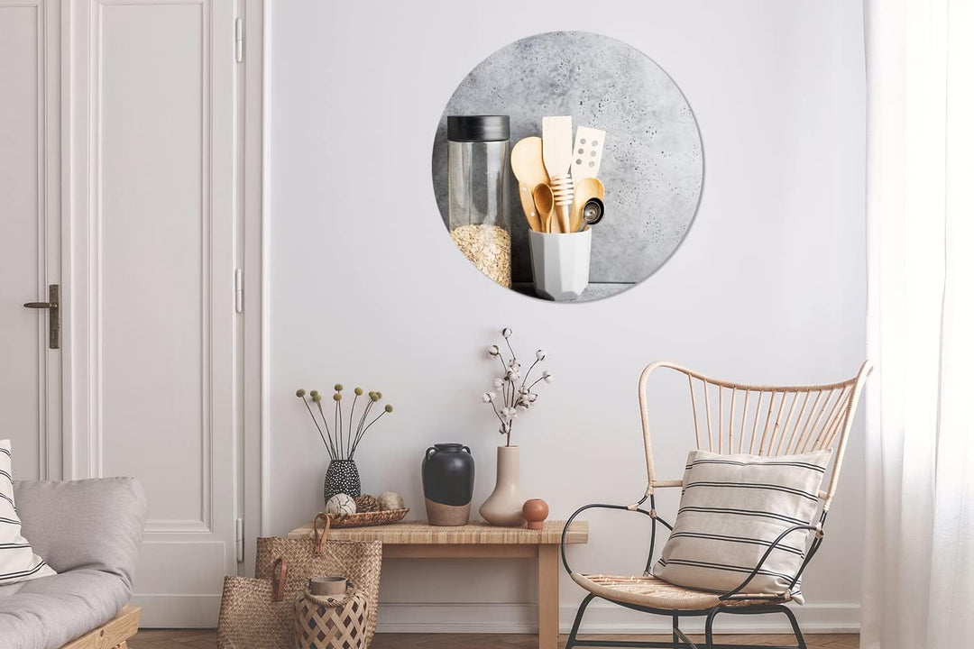 MuchoWow Wandbild Rund Wanddeko Deko Wohnzimmer Bilder 90x90 cm Müsli - Spatel - Küchenutensilien, 9