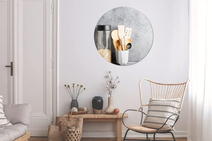 MuchoWow Wandbild Rund Wanddeko Deko Wohnzimmer Bilder 90x90 cm Müsli - Spatel - Küchenutensilien, 9